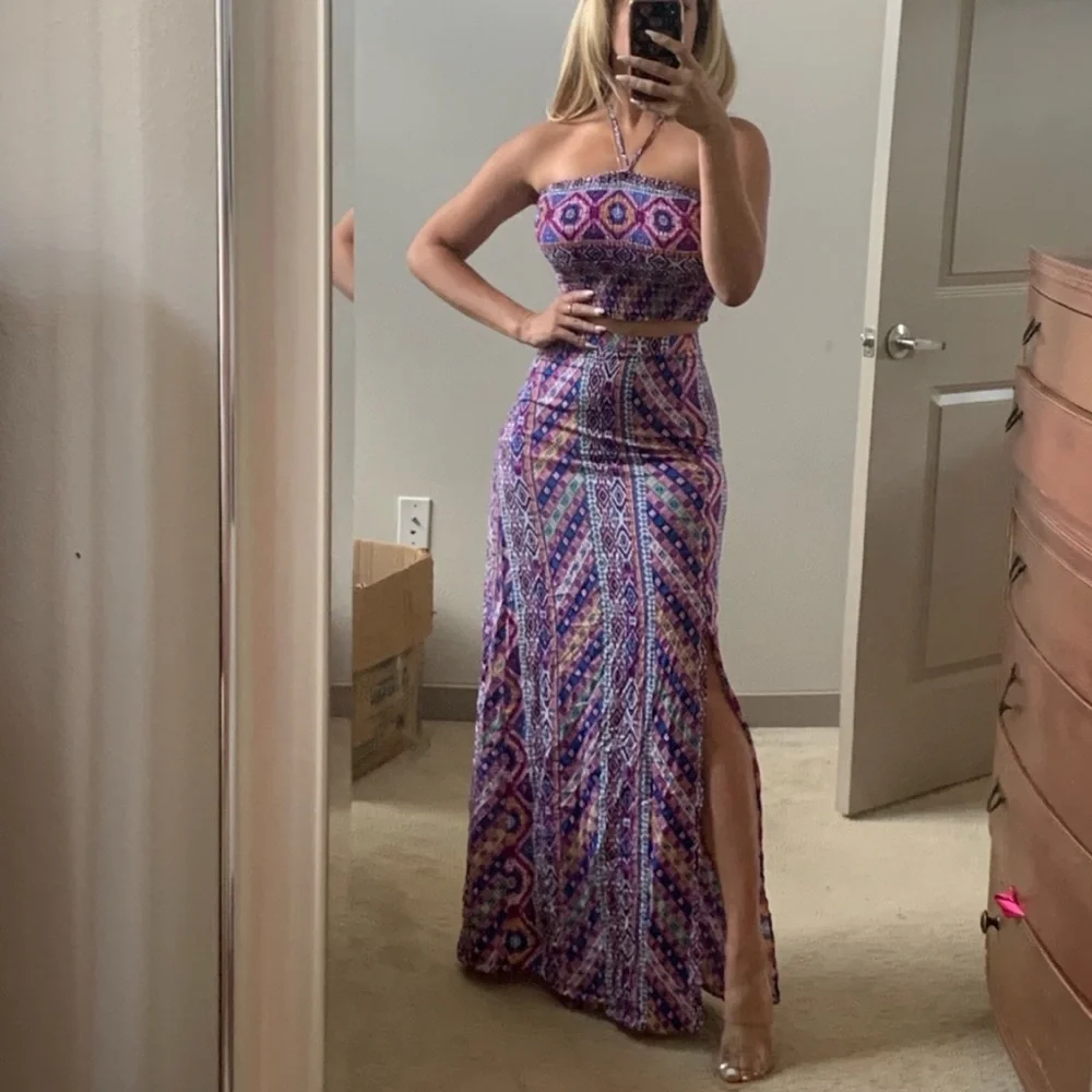 Boho Halter Crop Top and Maxi Slit Skirt Coord 2 Piece Set